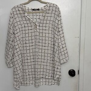 Cure Business Casual Workwear Boho Relaxed Fit Grid Print Roll Tab Sleeve Top 3X